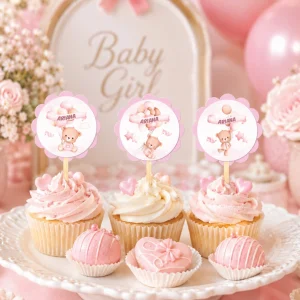 Beţişoare Candy Bar pentru fetiţe cu ursuleţ şi baloane roz personalizate cu nume