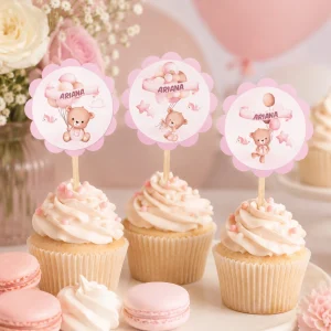 Beţişoare Candy Bar pentru fetiţe cu ursuleţ şi baloane roz personalizate cu nume