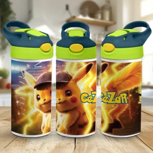 bidon cu pai Pikachu personalizat cu nume pentru copii, accesoriu Pokemon pentru școală