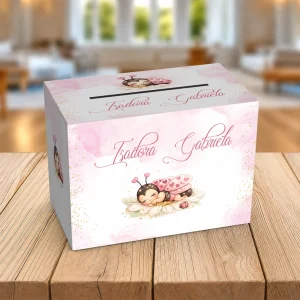 Cutie roz pentru plicuri de bani cu Buburuză și nume personalizat pentru botez