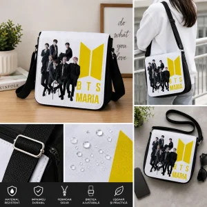 Colaj cu geantă BTS personalizată şi detalii despre material, fermoar şi bretea ajustabilă