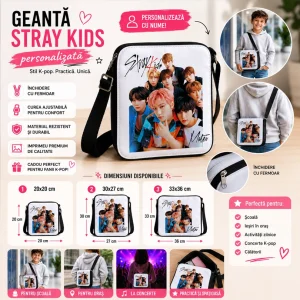 Geantă Stray Kids personalizată cu fermoar, mockup premium cu dimensiuni disponibile și design K-pop pentru copii și adolescenți