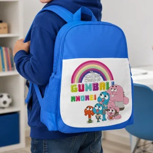 Ghiozdan Gumball personalizat cu nume pentru copii în culori roz şi albastru