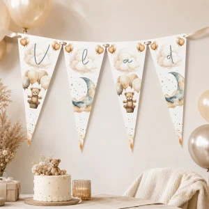 Ghirlandă botez cu Ursuleţ şi baloane crem pentru decor candy bar şi petrecere elegantă