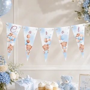 Ghirlandă cu Ursuleţ şi baloane bleu pentru botez şi candy bar băieţei