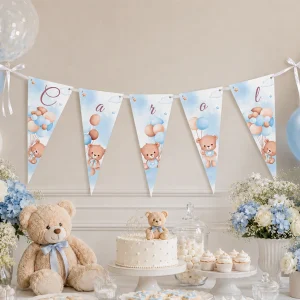 Ghirlandă cu Ursuleţ şi baloane bleu pentru botez şi candy bar băieţei