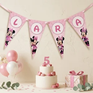 Ghirlandă Minnie Mouse roz formă triunghi pentru aniversări şi petreceri copii