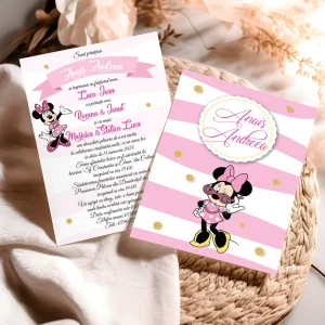Invitaţie botez Minnie Mouse roz pentru fetiţe cu plic inclus şi carton premium