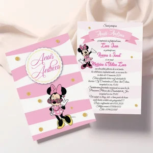 Invitaţie botez Minnie Mouse roz pentru fetiţe cu plic inclus şi carton premium