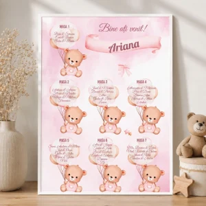 Listă invitaţi botez Ursuleţ cu Baloane pentru fetiţe cu fundal roz pastel şi decor elegant
