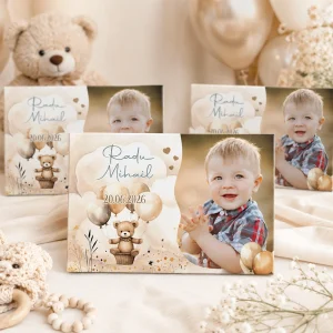Mărturie botez Magnet cu Ursuleţ şi baloane crem pentru botez elegant băieţel