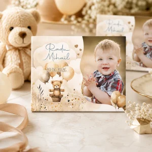 Mărturie botez Magnet cu Ursuleţ şi baloane crem pentru botez elegant băieţel