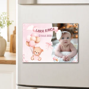 Mărturie botez magnet personalizat cu ursuleţ roz, baloane şi fotografie pentru fetiţe