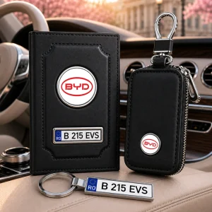 Portofel BYD personalizat din piele cu logo BYD, număr de înmatriculare, husă pentru cheie auto și breloc personalizat