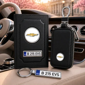 Portofel Chevrolet personalizat din piele cu logo Chevrolet, număr de înmatriculare, husă pentru cheie auto și breloc personalizat