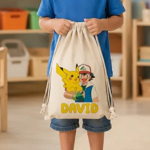 Săculeţ cu Pikachu personalizat pentru grădiniţă şi şcoală cu nume imprimat