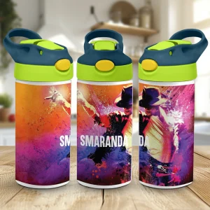Sticlă de apă Michael Jackson personalizată cu nume pentru copii, cu pai și capac flip-top