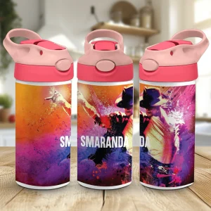 Sticlă de apă Michael Jackson personalizată cu nume pentru copii, model roz cu pai și capac flip-top