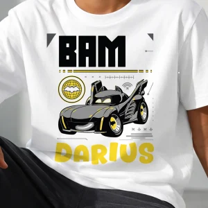 tricou cu Batwheels personalizat cu nume pentru copii, model Batman modern și colorat