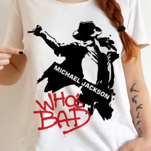 tricou Michael Jackson Who’s Bad negru cu imprimeu modern pentru copii și adulți
