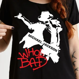 tricou Michael Jackson Who’s Bad negru cu imprimeu modern pentru copii și adulți