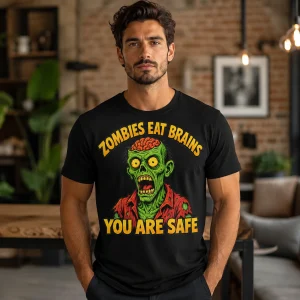 Bărbat purtând tricou Zombies Eat Brains You Are Safe pe culoare neagră