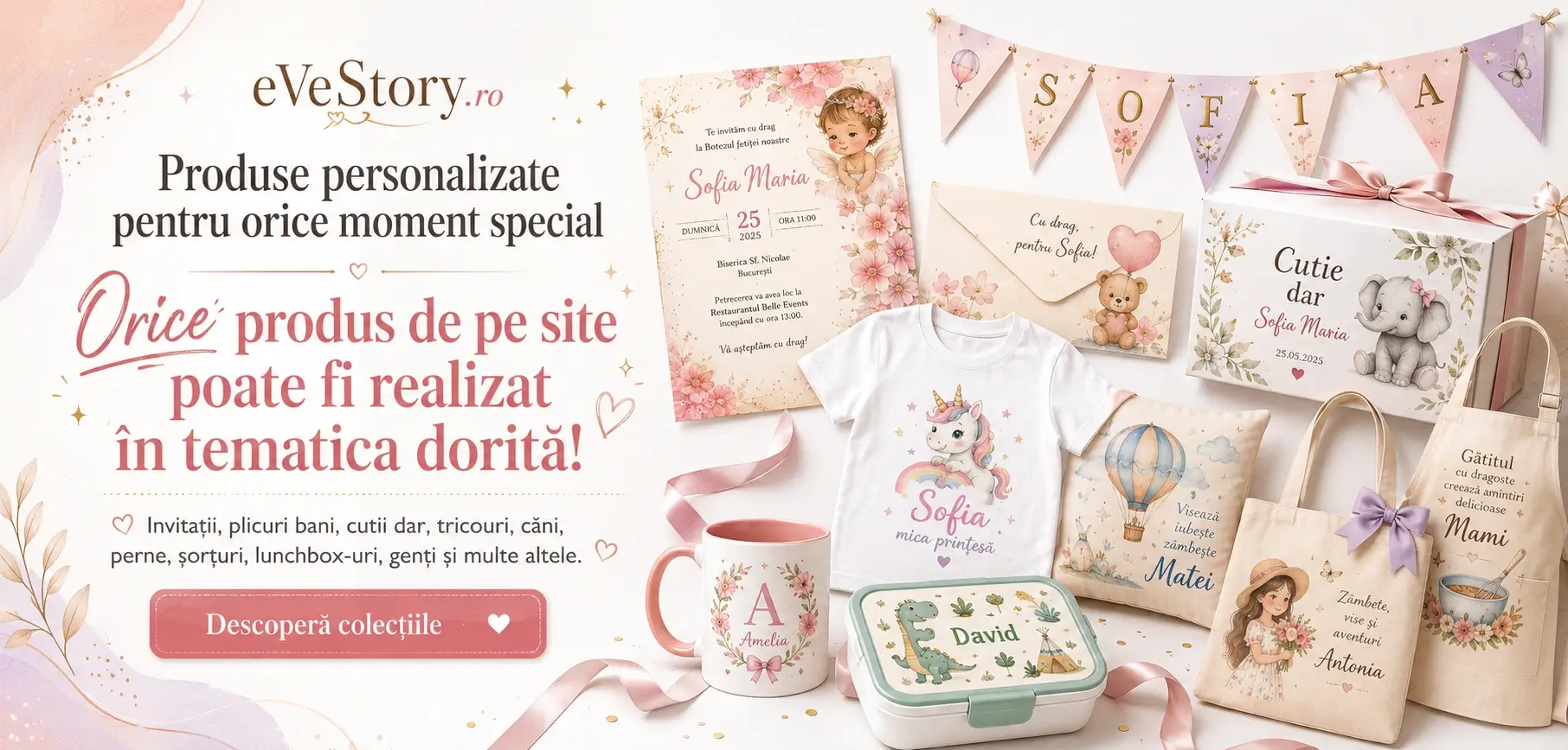 Banner EveStory cu produse personalizate pentru copii și cadouri speciale, inclusiv invitații, tricouri, căni, perne, lunchbox-uri, genți și șorțuri în tematica dorită.