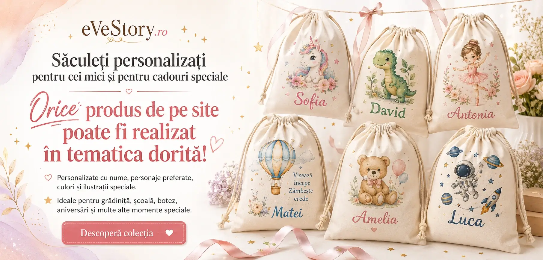 Banner EveStory cu săculeți personalizați pentru copii, decorați cu nume și ilustrații tematice precum unicorn, dinozaur, ursuleț și astronaut.