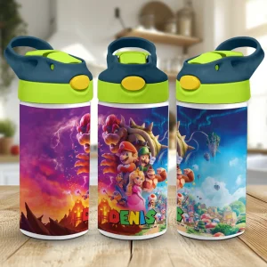 Bidon cu pai Super Mario personalizat cu nume, Flip Top, pentru grădiniță și școală
