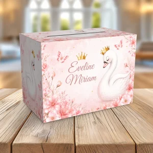 Cutie Lebădă Prințesă pentru plicuri de bani roz pastel 33x23x23 cm, cu flori și lebădă cu coroană