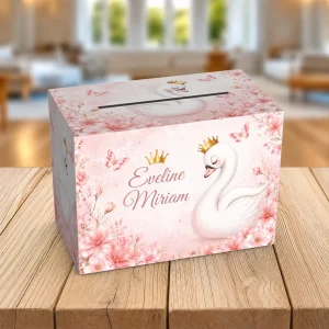 Cutie plicuri bani Lebădă Prințesă roz pastel, personalizată cu nume și decor floral pentru botez fetiță