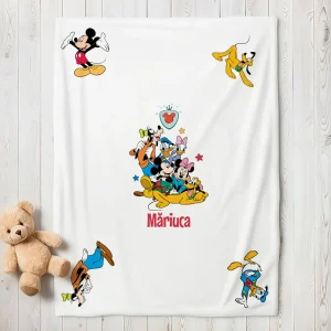 Păturică Clubul lui Mickey personalizată cu nume, 90x80 cm, bumbac 100%, interior flanelat