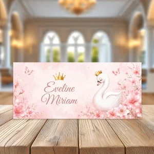 Plicuri bani Lebădă Prințesă roz pastel pentru botez de fetiță, 20x9 cm, carton lucios