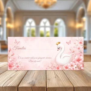 Plic bani botez fetiță cu lebădă prințesă, mesaj pentru familie și flori roz pastel