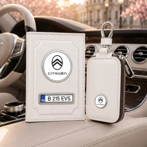 Portofel Citroen personalizat alb cu logo Citroen, husă pentru cheie auto și număr de înmatriculare personalizat