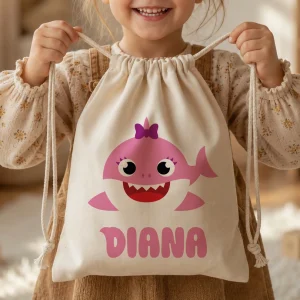 Sac Baby Shark roz personalizat cu nume, pentru grădiniță