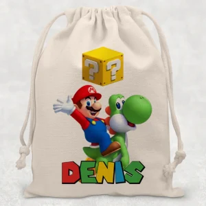 Săculeţ Super Mario personalizat cu nume, cu şnur şi material rezistent pentru copii