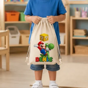 Săculeţ copii Super Mario personalizat cu nume, material rezistent, pentru grădiniţă sau şcoală