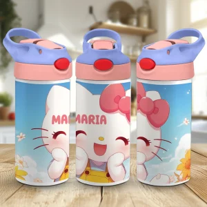 Sticlă de apă Hello Kitty personalizată cu nume, model pentru fetițe, cu sistem Flip Top și design pastel colorat.