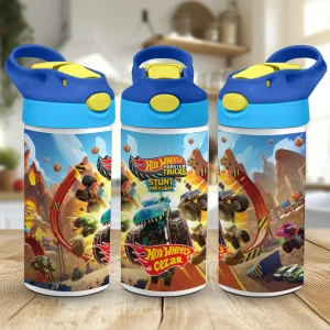 Sticlă de apă Hot Wheels personalizată cu nume, Flip Top pentru copii, model Monster Trucks cu design colorat și mâner integrat.