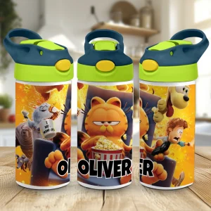 Sticlă cu pai Garfield personalizată cu nume, Flip Top, pentru grădiniță și școală