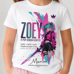 Tricou alb personalizat Zoey KPop Demon Hunters cu nume pentru copii și fanele KPop
