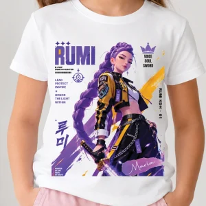 Tricou alb personalizat Rumi KPop Demon Hunters cu numele Maria și design anime colorat pentru copii
