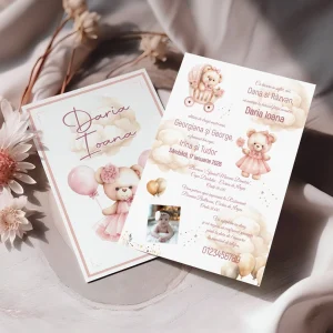 Invitaţie de botez pentru fetiţe cu ursuleţ roz, baloane, poză şi plic inclus
