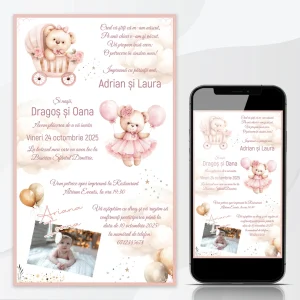 Invitaţie digitală pentru fetiţe cu ursuleţ roz, baloane pastel şi poză pentru botez