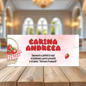 Plicuri de bani cu Căpşunica pentru botez de fetiţe, 20x9 cm, personalizate cu nume