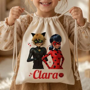 Copil cu săculeţ Ladybug Motan Noir personalizat cu nume pentru grădiniță sau școală