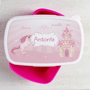 Caserolă cu Unicorn şi Castel personalizată cu nume pentru grădiniță sau școală