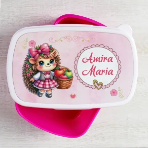 Lunch box cu Arici personalizat cu nume pentru grădiniță sau școală, prezentat de sus