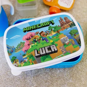 Lunch box Minecraft personalizat cu nume, culoare albastră, 19x13cm